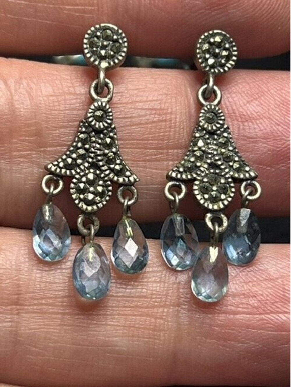 B6778 Vintage NF Chandelier Dangle Earrings Sterling Silver Marcasite Blue Glass